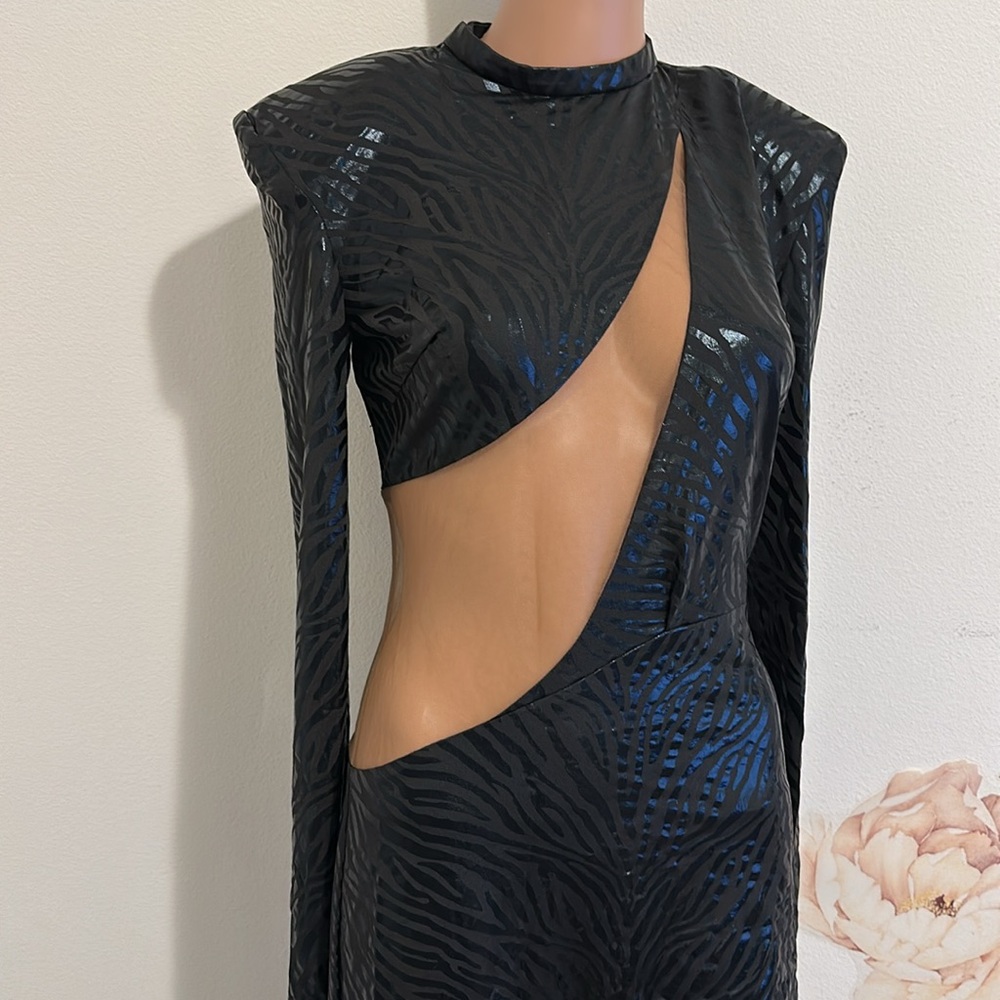 NEW Bronx and Banco Ricky Zebra Gown in Black mesh sheer cutout long sleeve - Picture 6 of 11